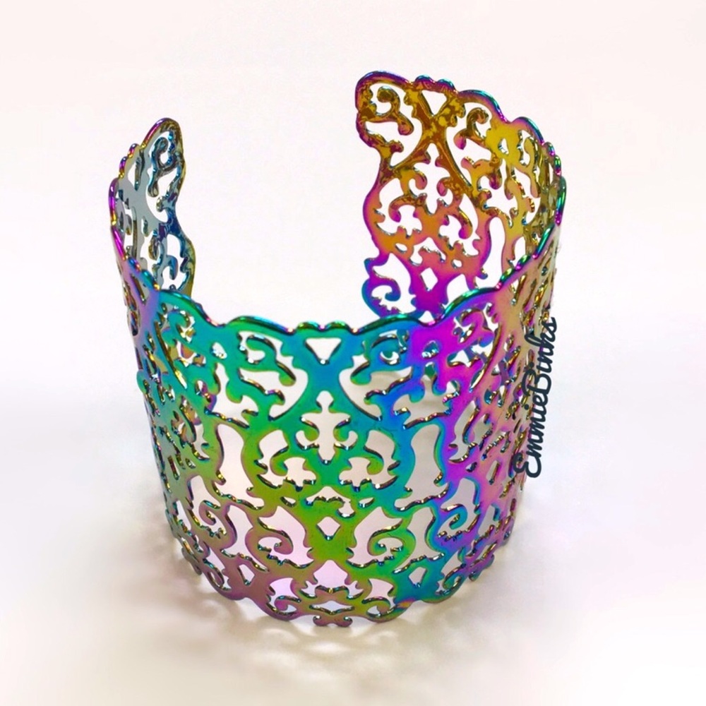 New Hollowed Out Scroll Metal Oil Slick Holographic Cuff Bracelet